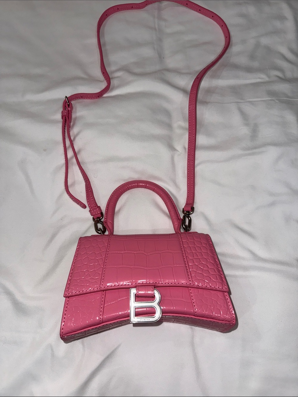 Balenciaga Pink Croc-Effect hourglass Mini Top Handle Bag crossbody clutch